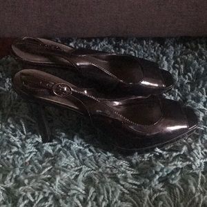 Black patent leather peep toe heels
